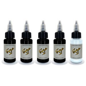 Superfine Ink black and grey wash tattoo ink set. 4 bottle greywash shades and 1 bottle of clear solution.