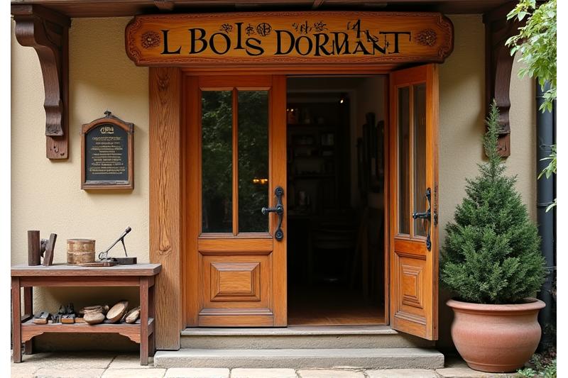 Entrée de l'atelier du Bois Dormant avec une pancarte sculptée et des outils anciens