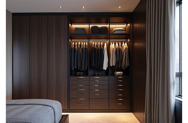 Dressing intégré moderne en bois sombre avec portes coulissantes