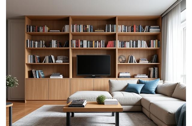 Bibliothèque sur mesure en bois clair avec étagères asymétriques