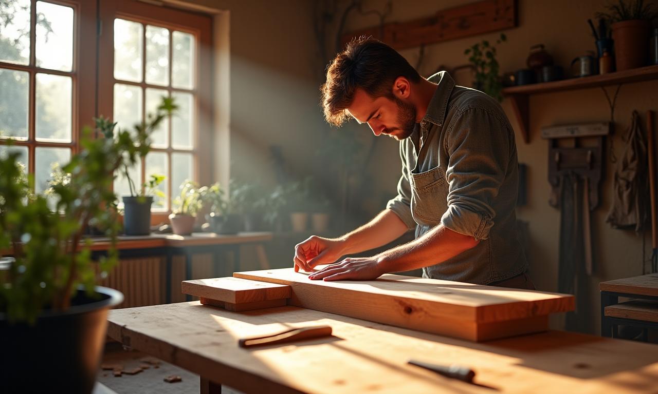 Ébéniste à l'œuvre dans un atelier baigné de lumière