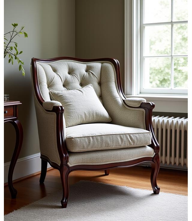Fauteuil Voltaire restauré avec nouveau tissu