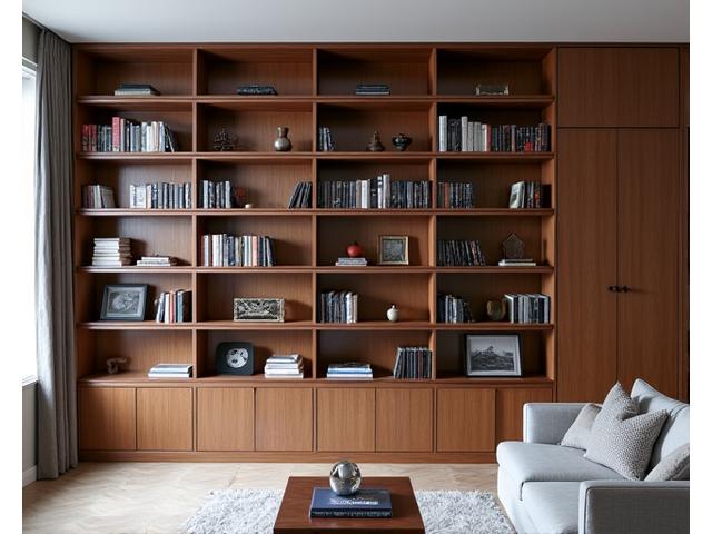 Bibliothèque sur mesure intégrée dans un mur avec des étagères remplies de livres