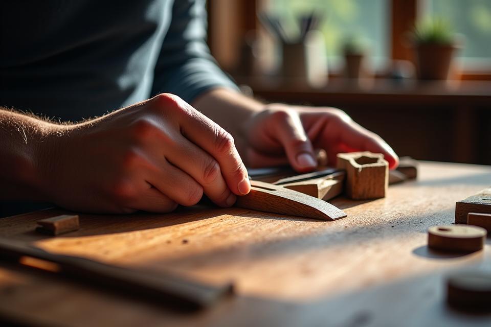 Main d'artisan travaillant le bois avec des outils traditionnels, symbole de précision et de qualité.