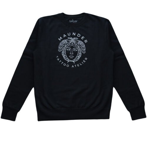Maunder Tattoo Atelier with logo in color black crewneck sweatshirt.